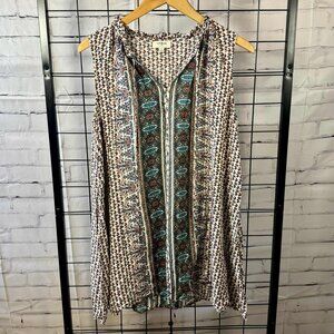 UMGEE Paisley Floral Boho Hippie Sleeveless Ruffle Tie Neck Shift Dress Sz L